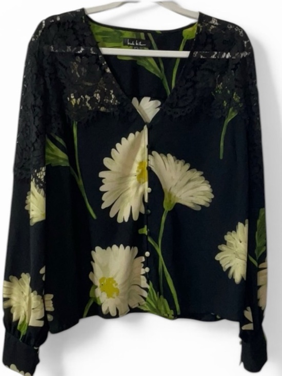 Nicole Miller Tops - Nicole Miller Black Floral Lace-Shoulder Blouse w/ Cream/Green Blooms Size L, XL